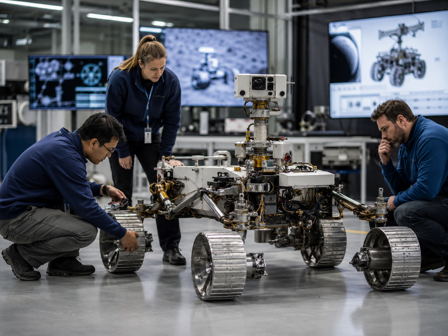 Engineers examine a lunar rover prototype in a space technology testing facility.