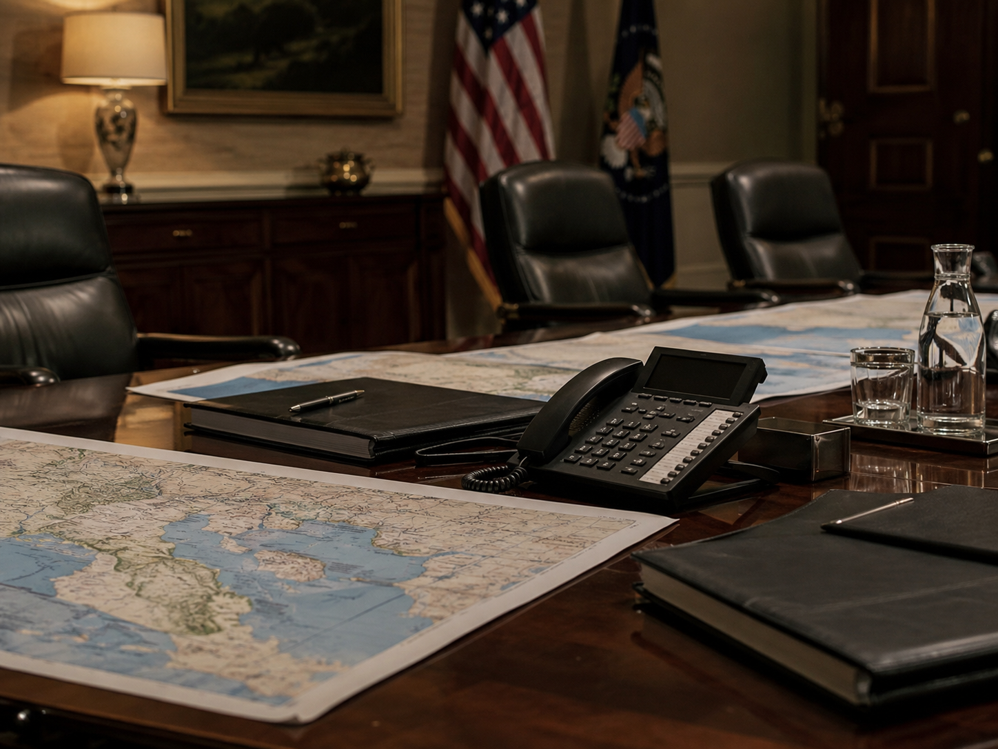A dimly lit diplomatic table with maps and closed folders.