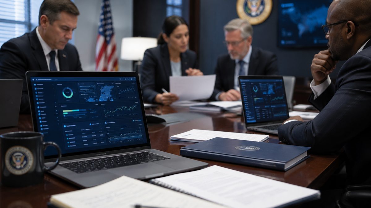Officials review cybersecurity materials on laptops in a federal conference room.