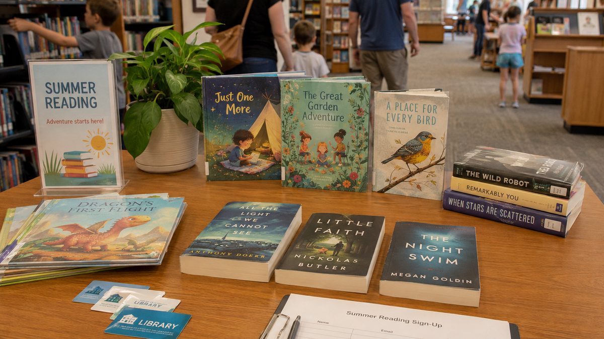 Library table with summer reading books and families browsing in the background.