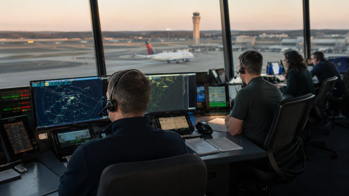 Air traffic controllers monitoring flights in a modern aviation control facility.