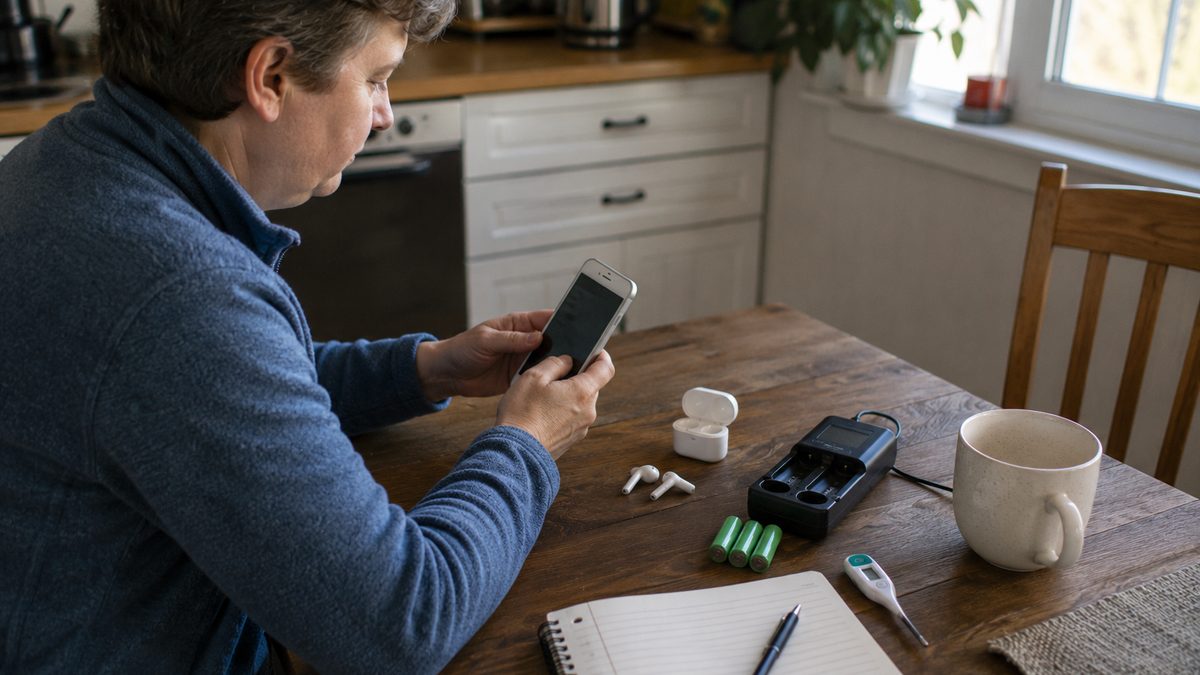 A person reviews an old smartphone, earbuds, rechargeable batteries, charger, notebook, and thermometer at a kitchen table.