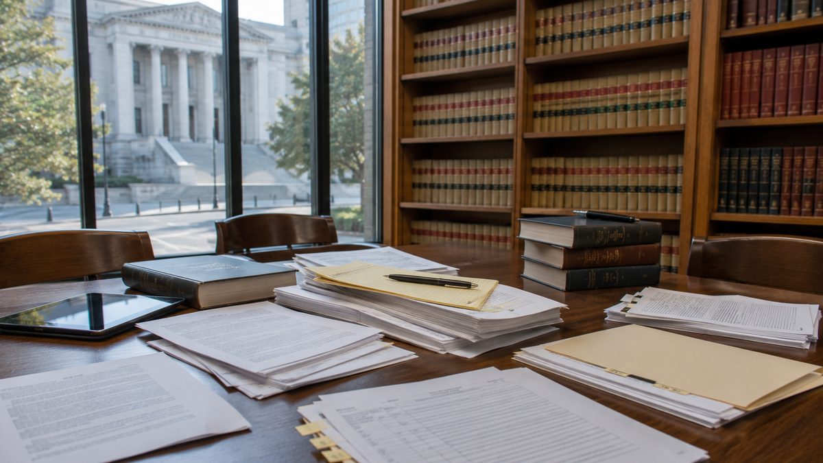 Legal documents on a table with a courthouse visible in the background.