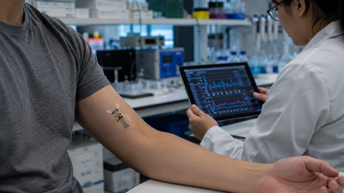 A flexible sweat sensor patch is tested on a person's forearm in a research lab.