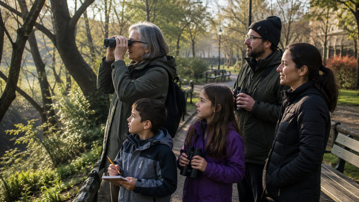 People quietly watch birds from a neighborhood park path with binoculars and a small notebook.