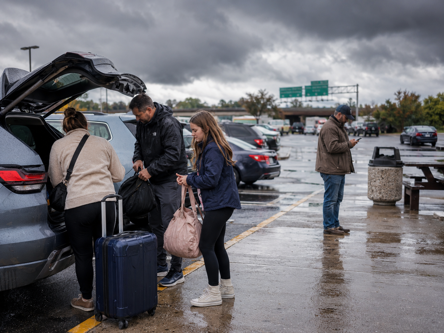 Holiday travelers stand near a highway rest stop as storm clouds build in the distance.