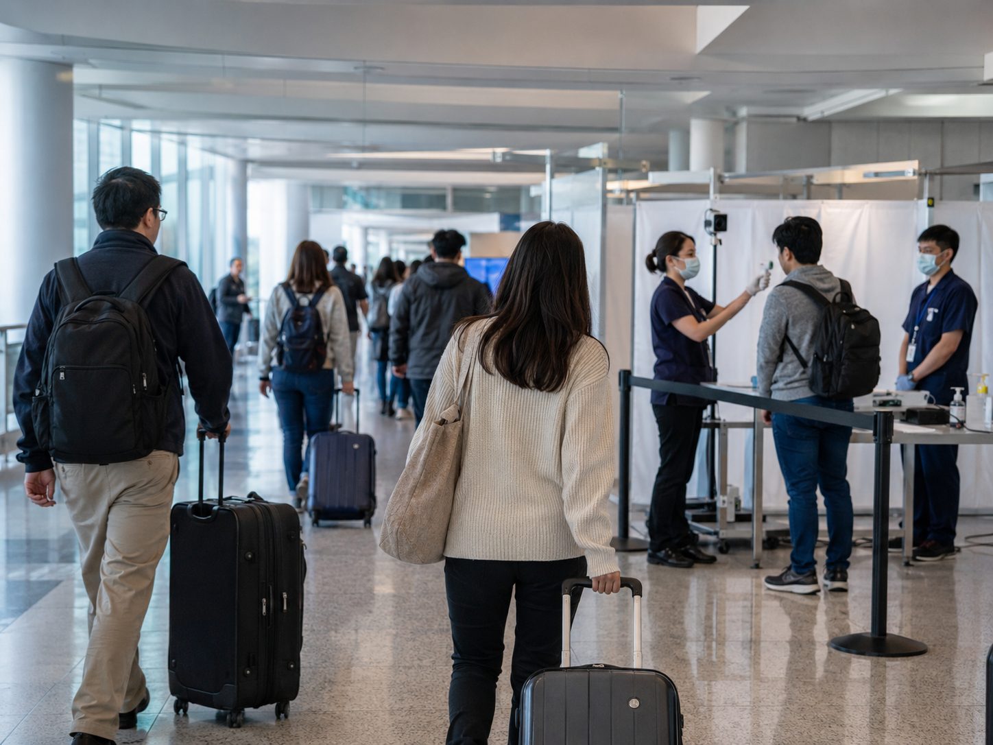 Travelers pass near a discreet airport health screening area.