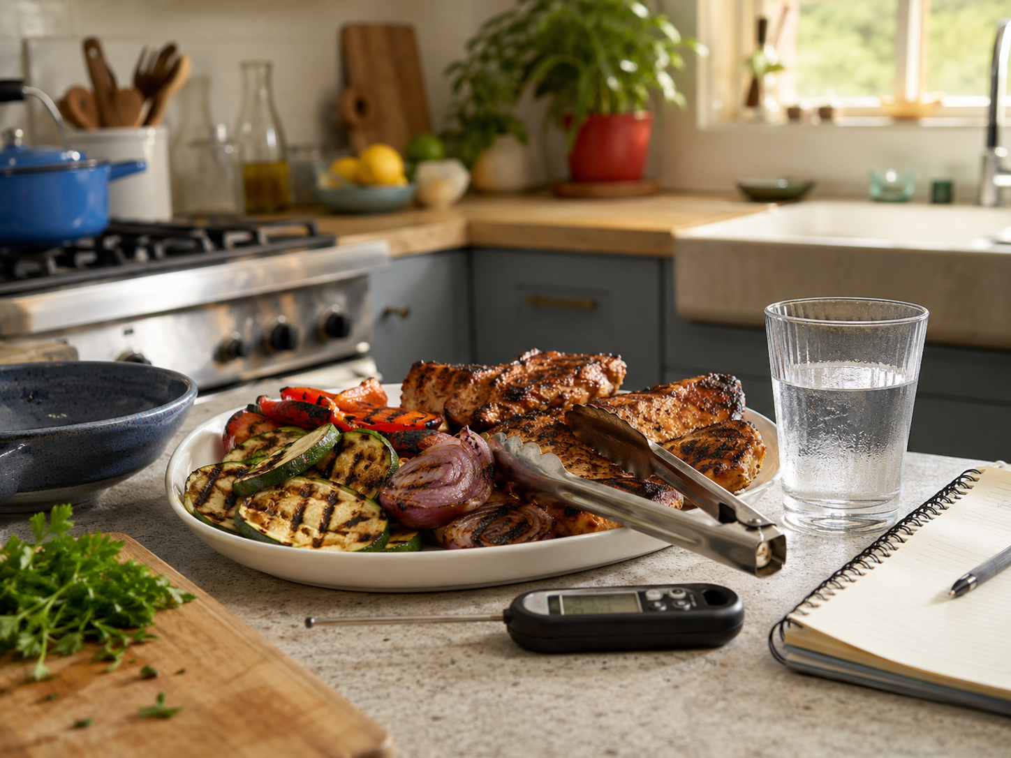 A kitchen counter with grilled food, cooking tools, and a notebook represents food-safety research.
