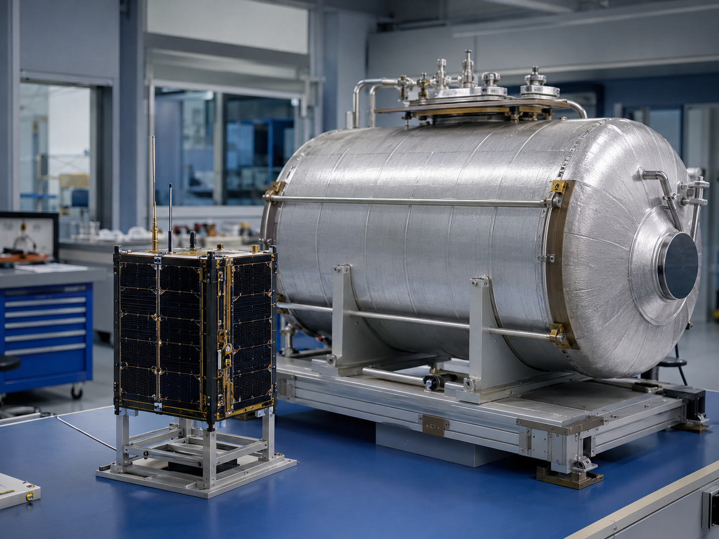 Satellite model and cryogenic tank equipment in an engineering lab.