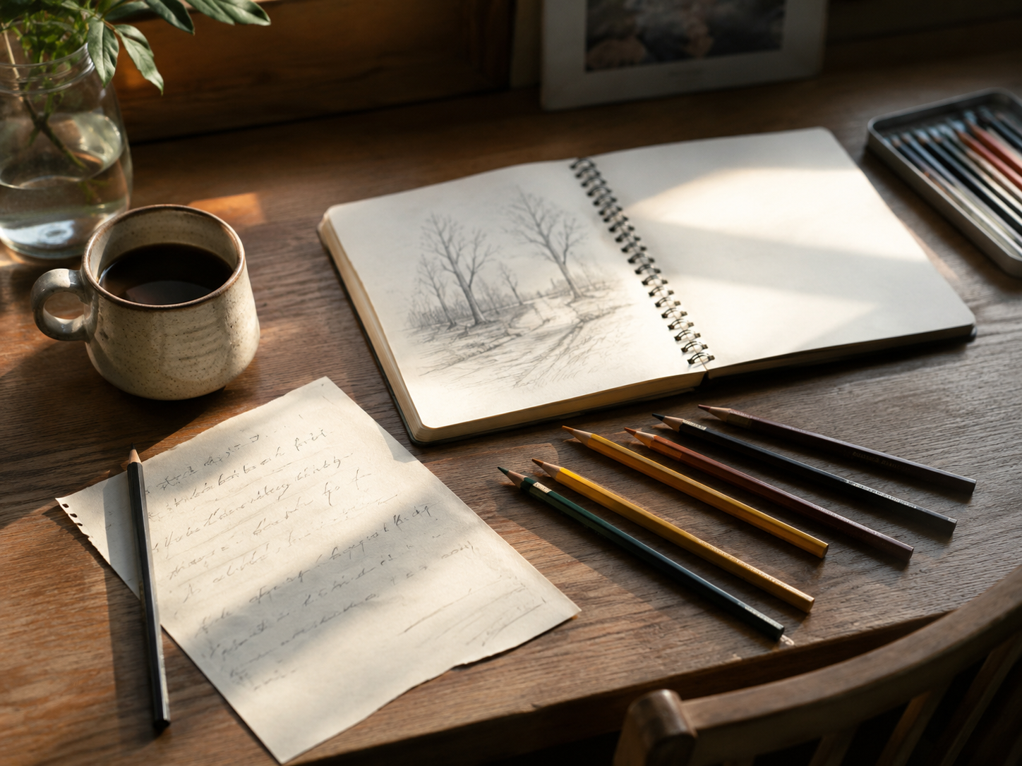 A sketchbook and colored pencils sit on a small desk beside a cup of coffee.