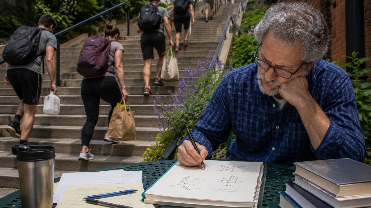People climbing stairs while a physics instructor reviews force diagrams nearby.