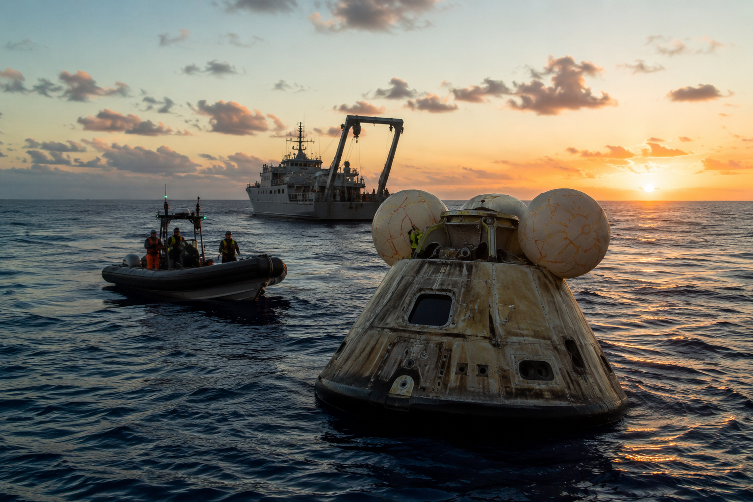 A space capsule floating near recovery vessels after an ocean splashdown.