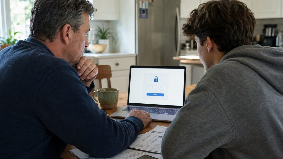 A parent and teenager look at a laptop with a generic online verification prompt at a kitchen table.