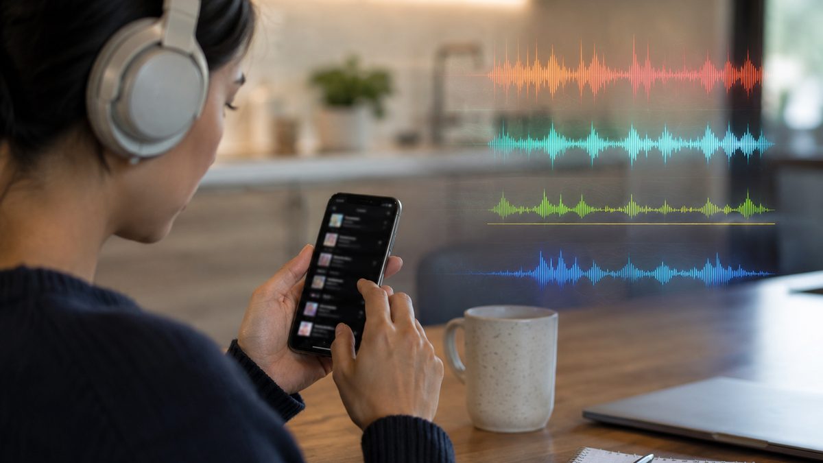 A listener reviews a music playlist on a phone as abstract audio waveforms appear nearby.