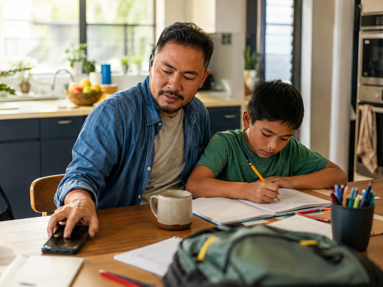 A parent places a phone aside while a child works at a kitchen table.