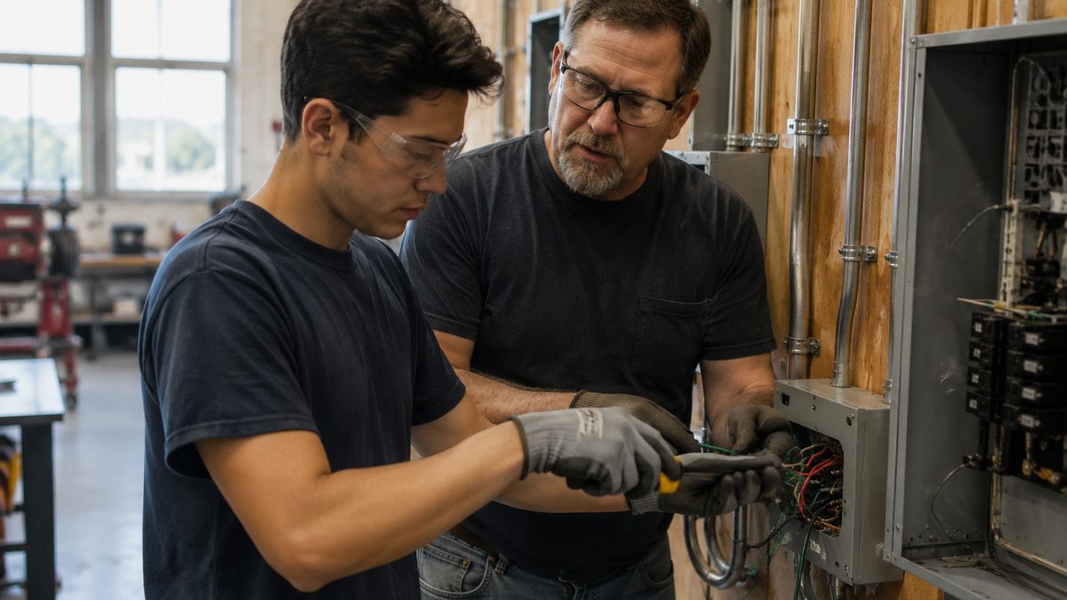 An apprentice electrician trains with an instructor inside a workshop.