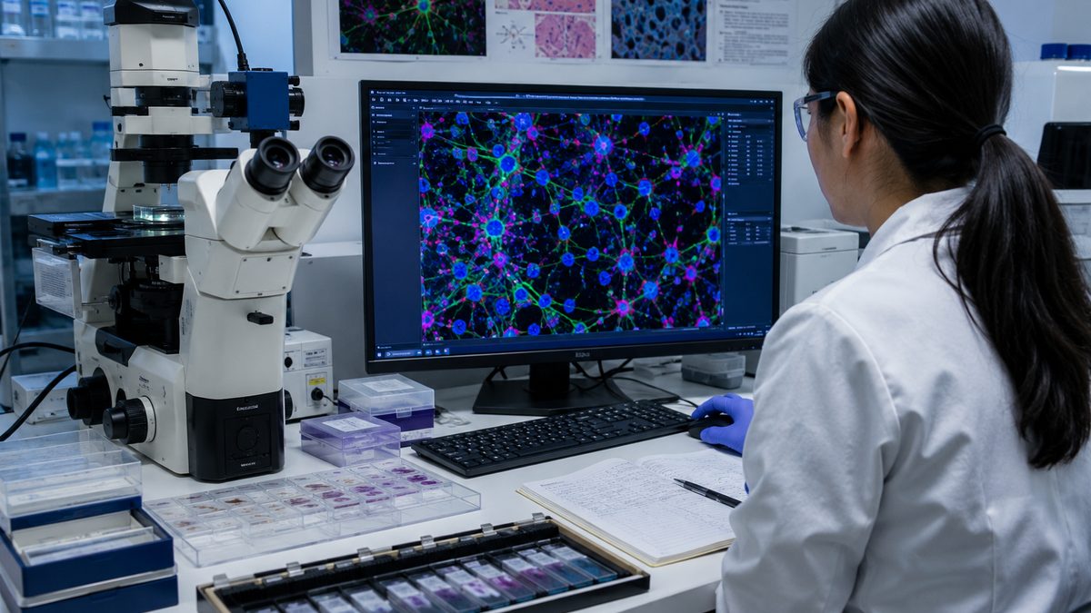 A biomedical research workstation displays cellular imaging data in a neuroscience lab.