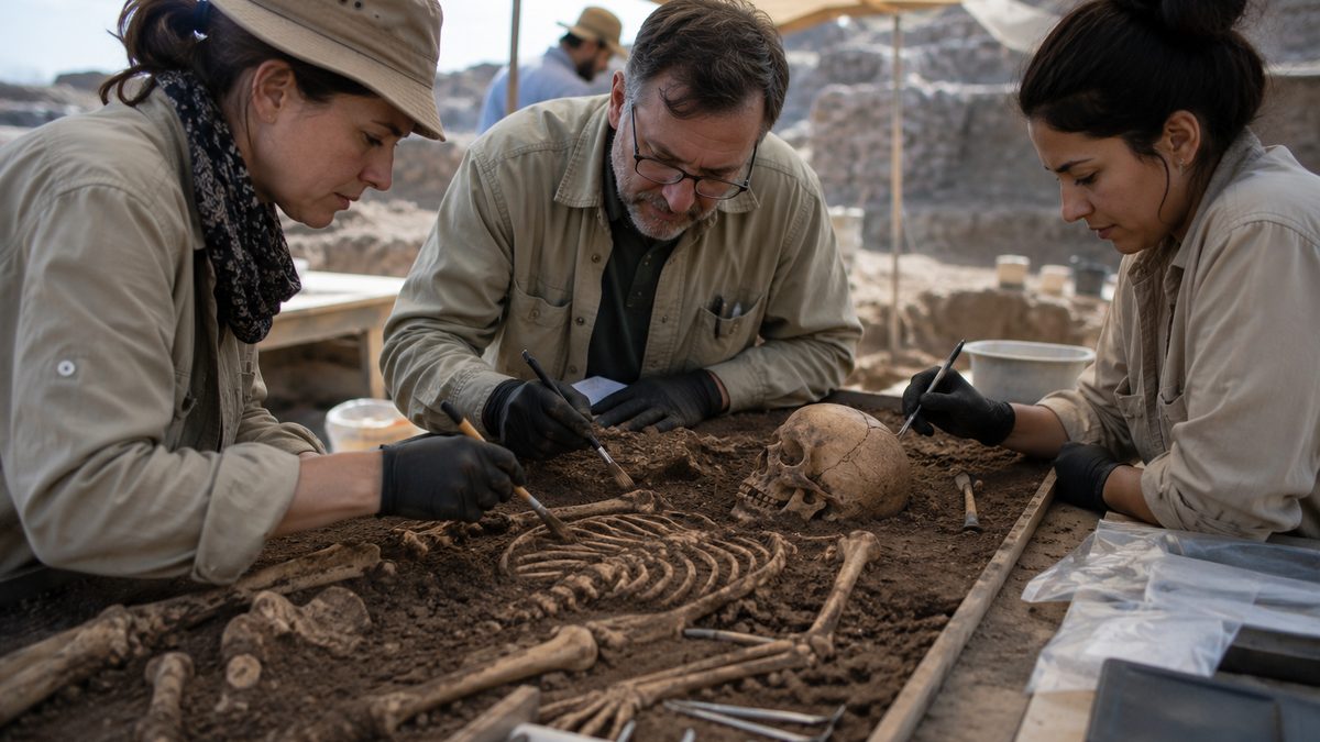 Archaeologists examine ancient remains and sample tools in a controlled research setting.