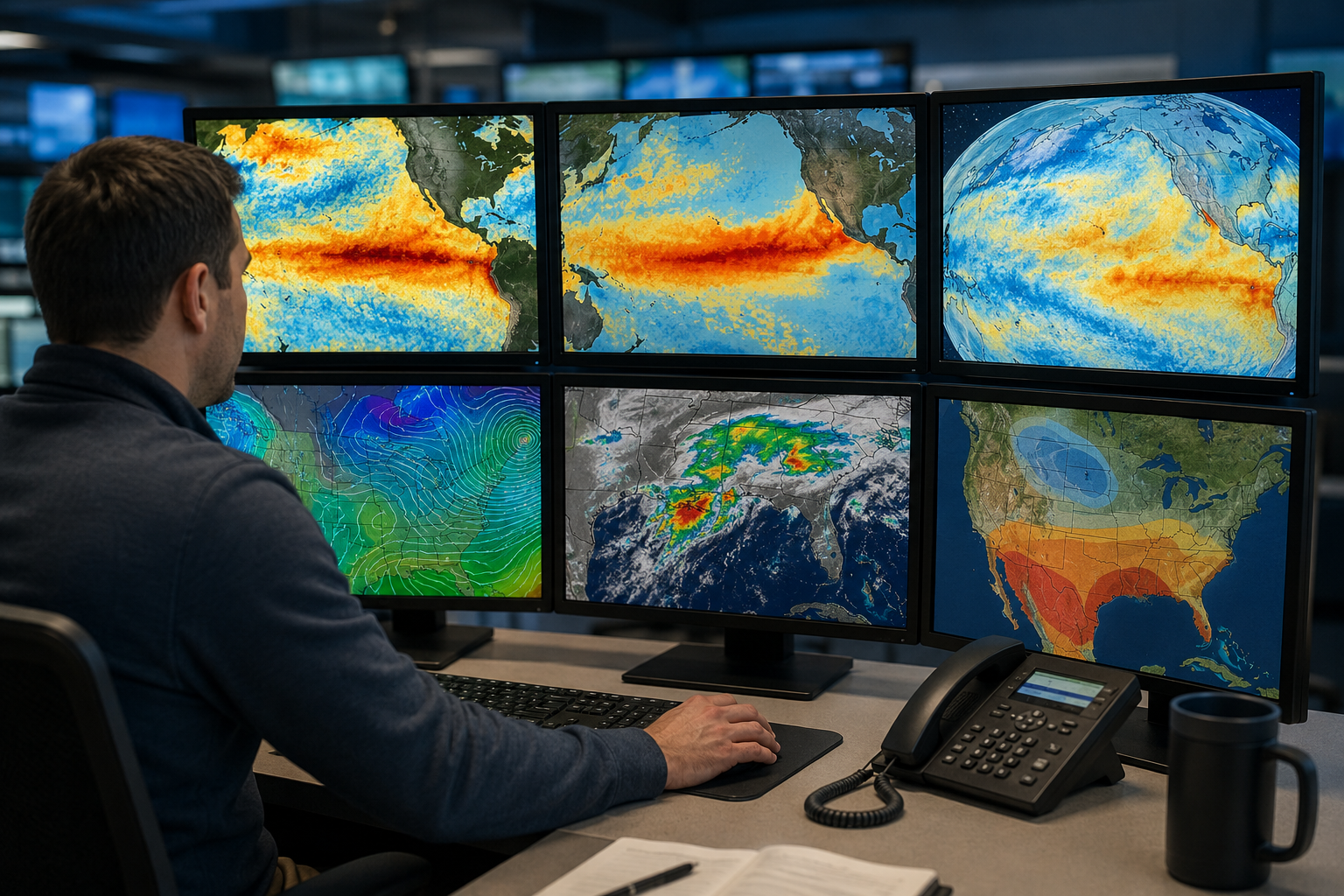 Weather maps are displayed on monitors at a forecasting workstation.