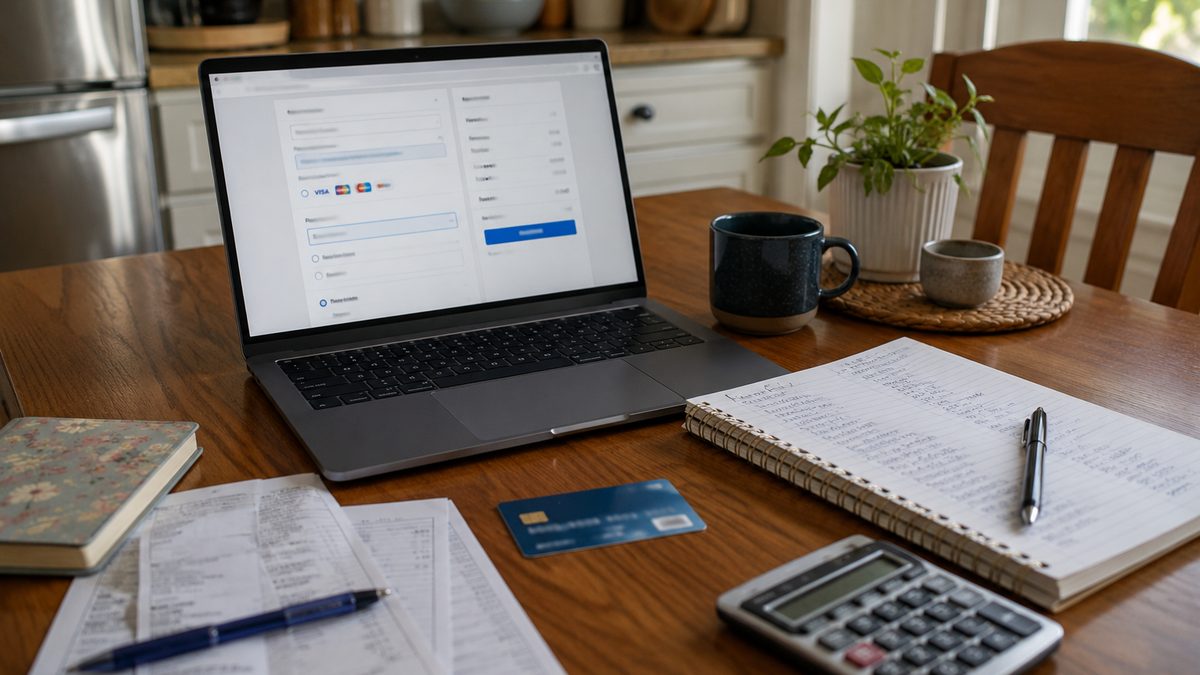 A laptop checkout page sits beside a budget notebook and calculator.