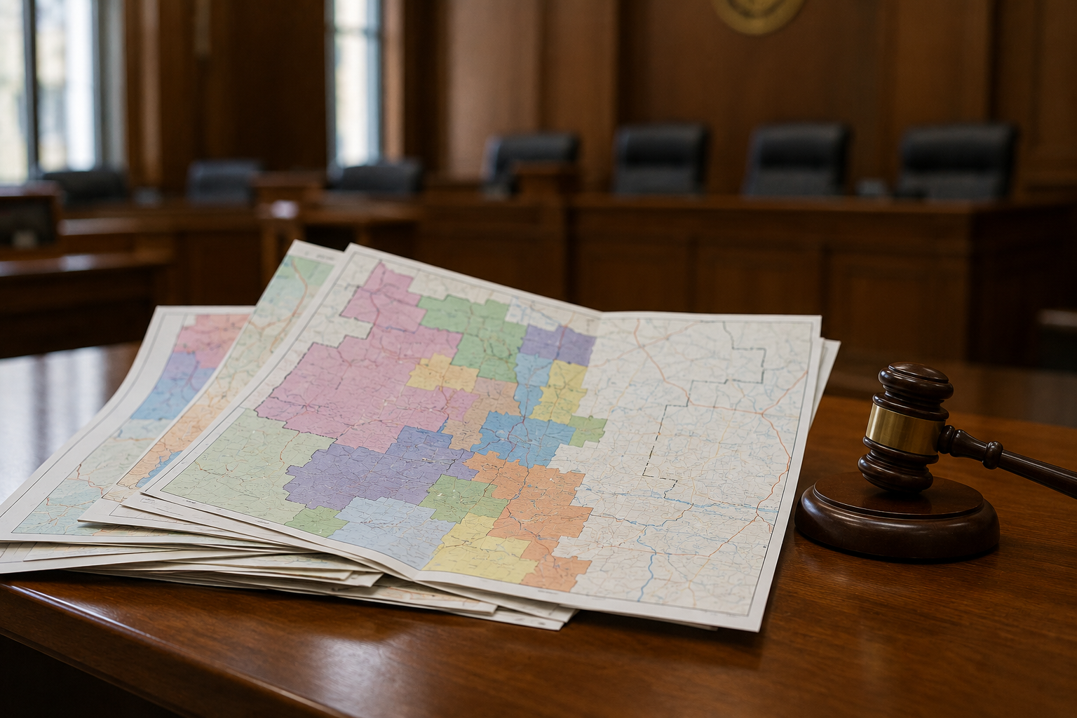 Paper district maps sit on a courthouse table beside a gavel.