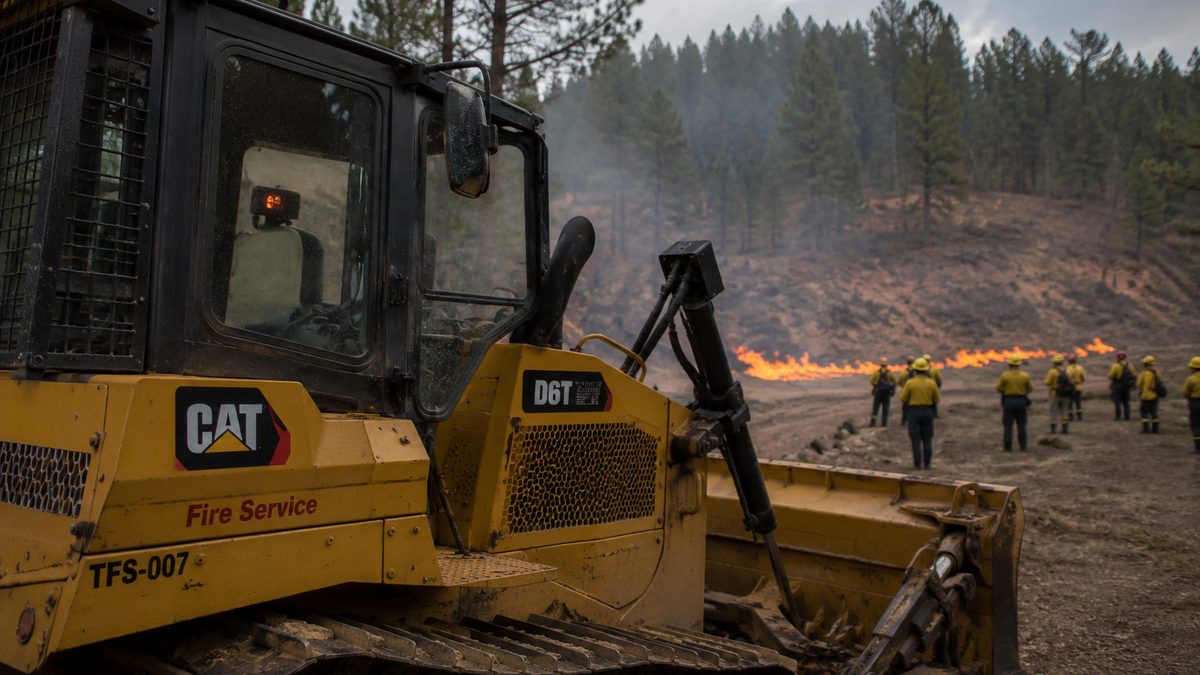 A wildfire bulldozer with a small dashboard sensor light near a forest training area.
