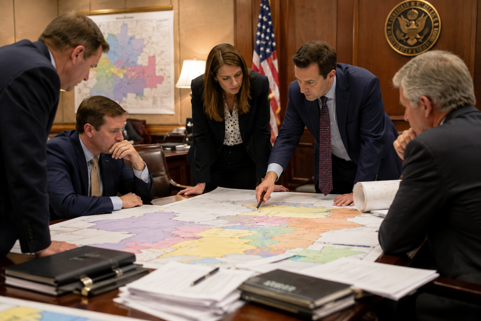 A congressional map and court folders represent redistricting disputes before the midterms.