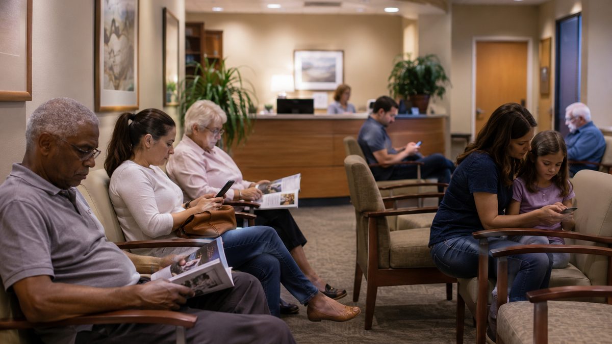 People sitting together in a doctor's office waiting room while reading and using their phones.
