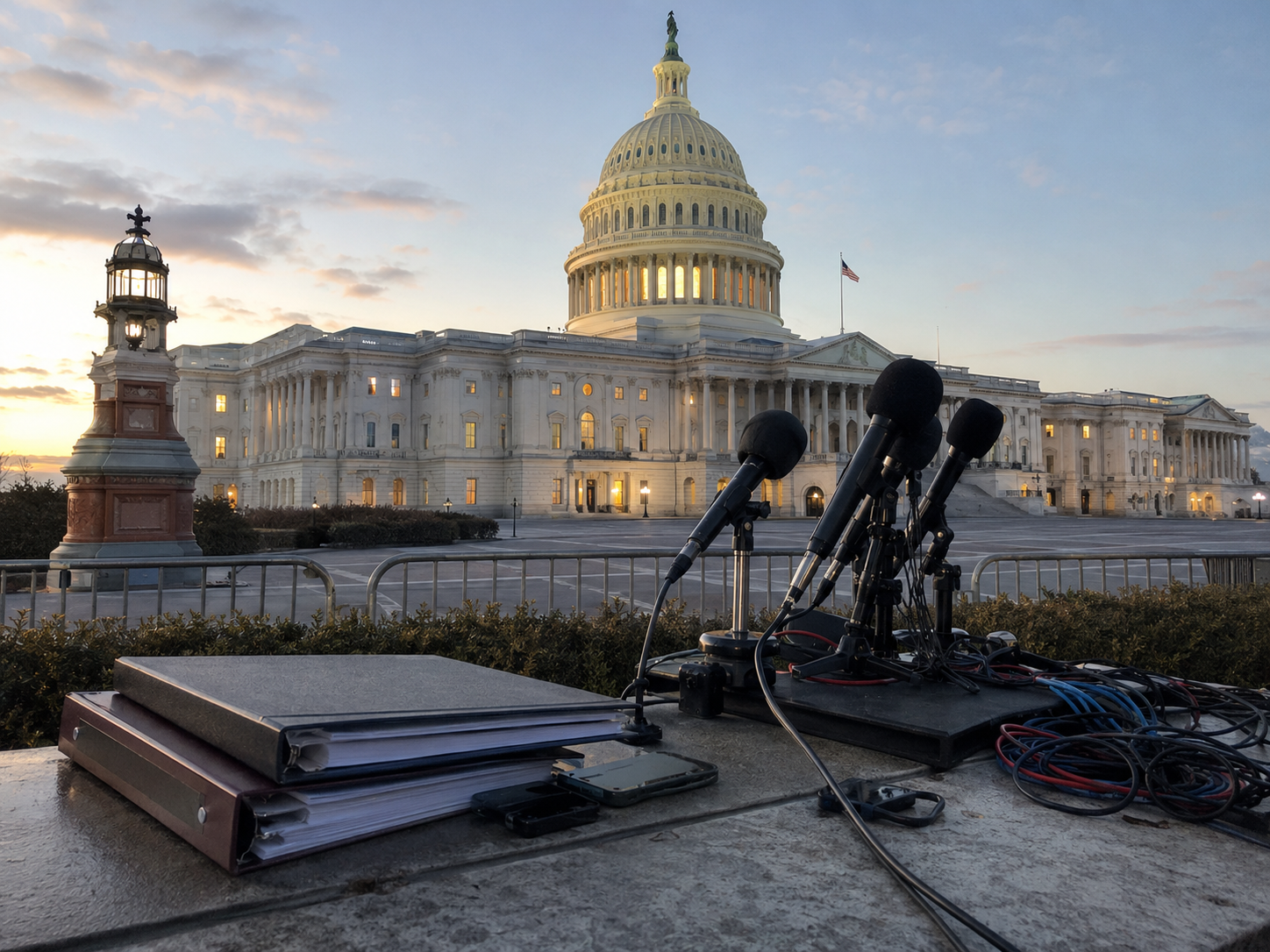The U.S. Capitol at dusk with a quiet press area outside.