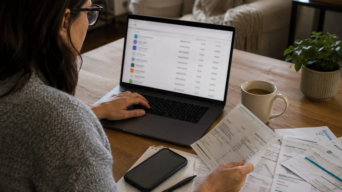 A person reviews subscription charges on a laptop beside household bills.