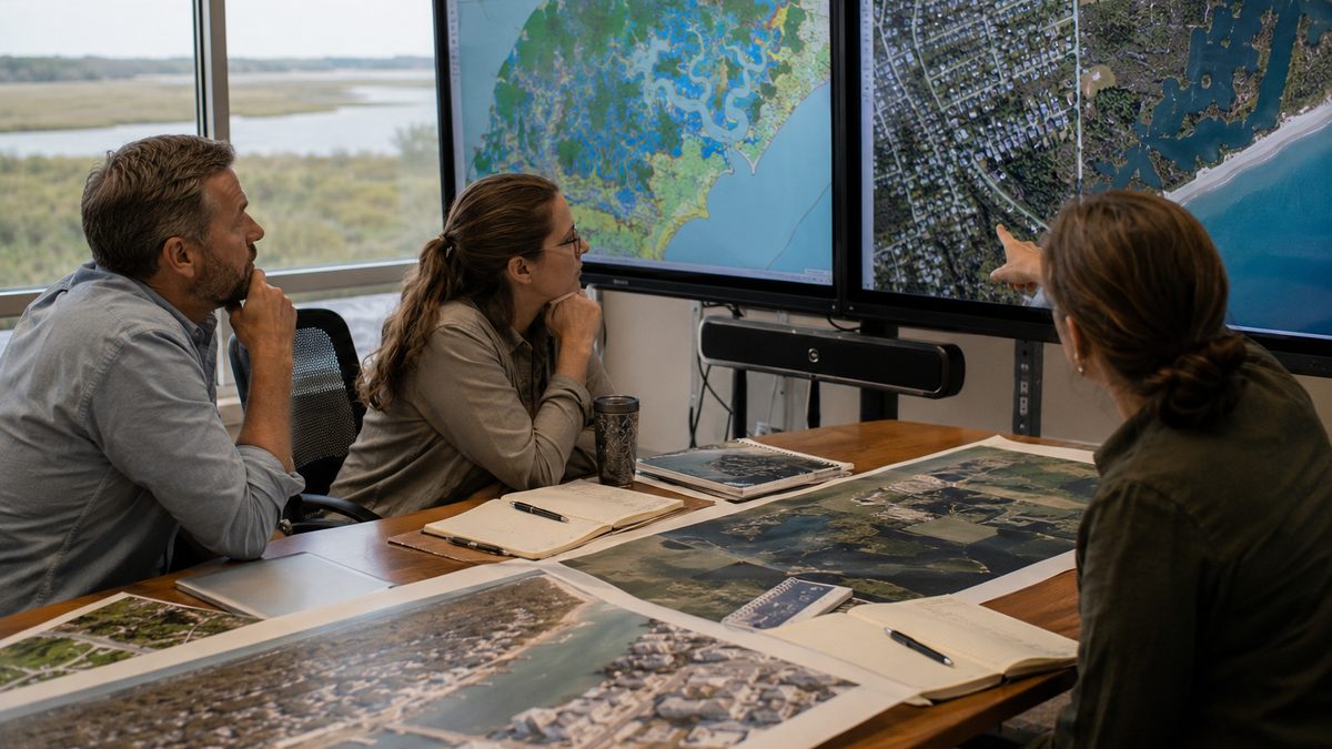 Coastal planners reviewing detailed shoreline maps in an office.
