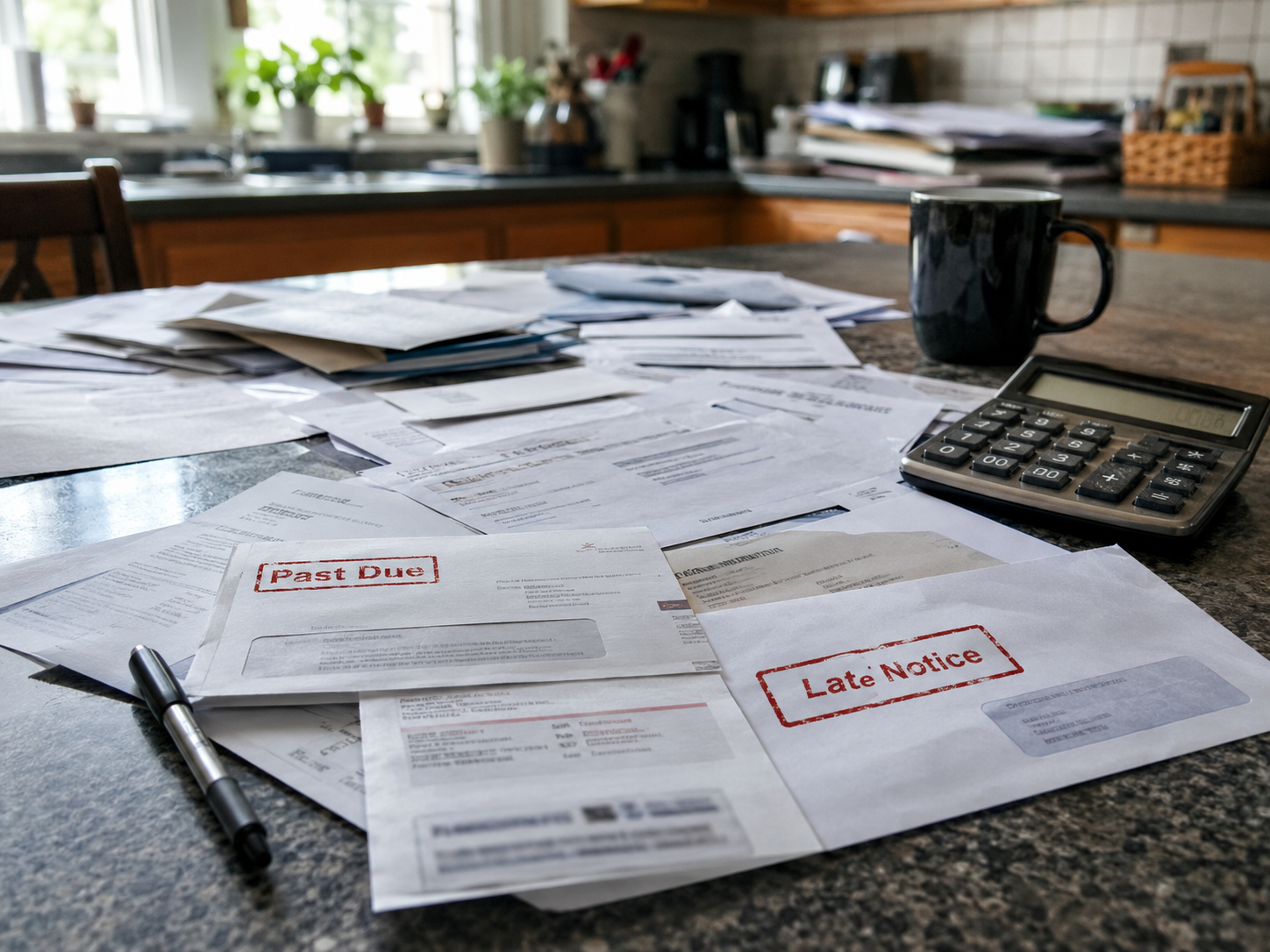 A kitchen table with receipts, a calculator and a laptop showing blurred budget charts.