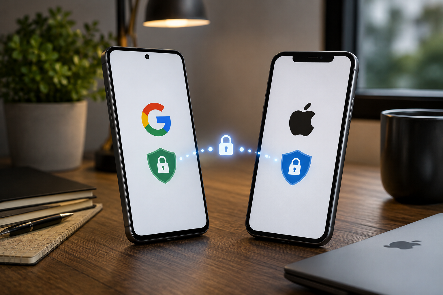 Two smartphones on a desk representing encrypted cross-platform messaging.