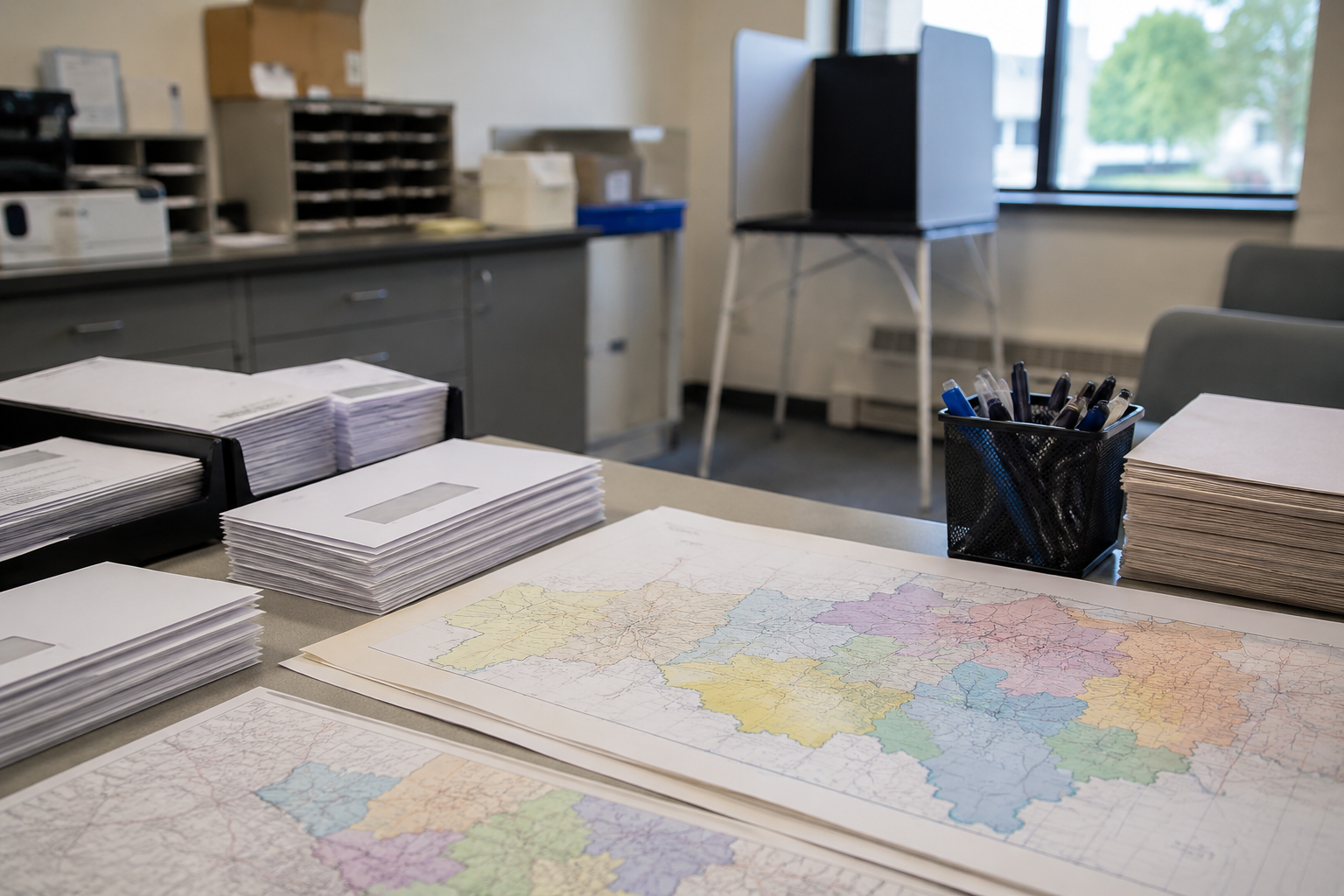 Election maps and ballot materials on a desk inside a local elections office.