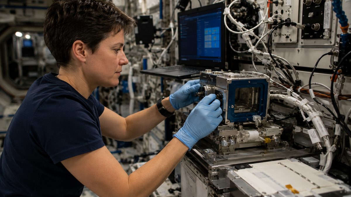 An astronaut works with compact science hardware aboard the International Space Station.