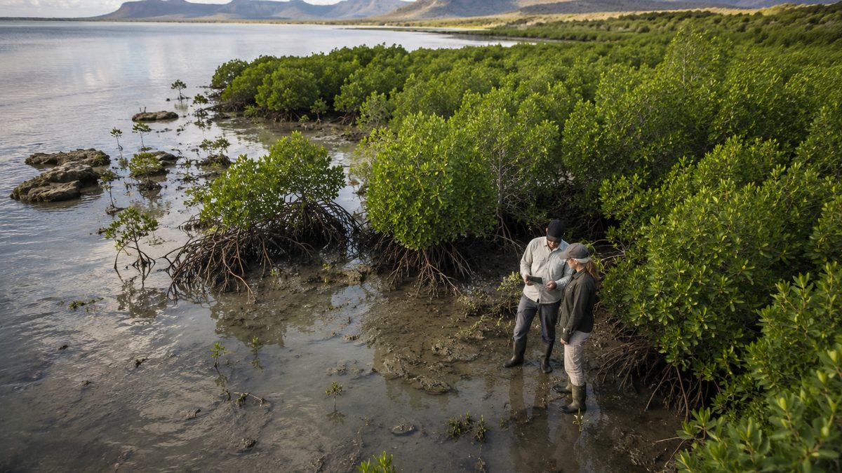 Researchers review coastal mangrove data near a shoreline.