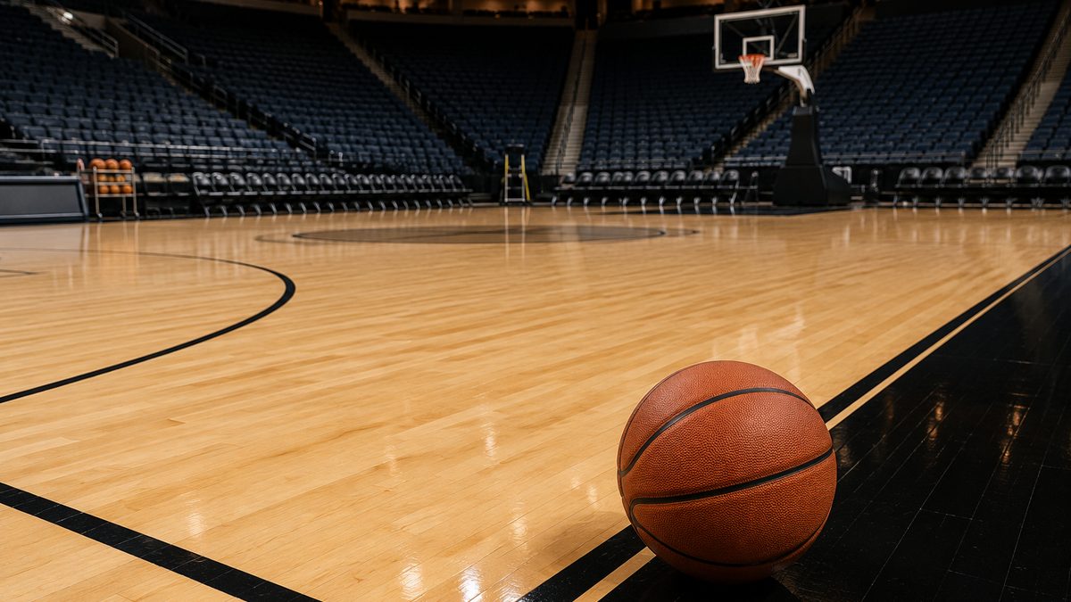 Empty basketball court before a women's basketball game.