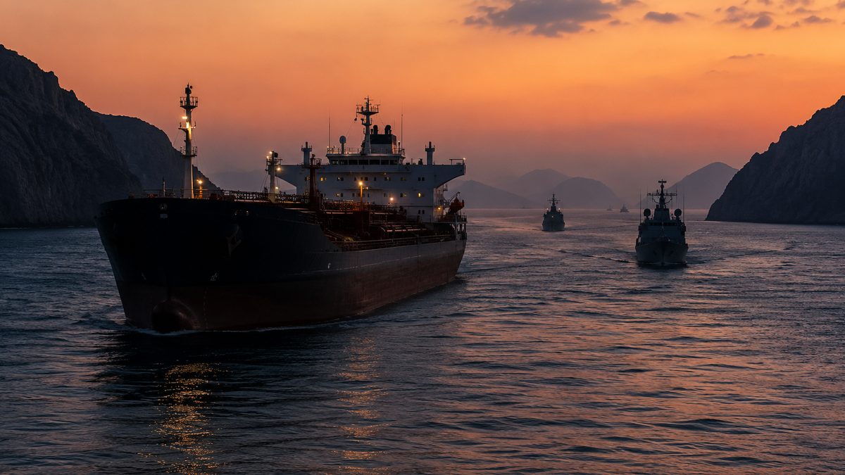 A commercial tanker travels through a narrow shipping route at dusk with distant patrol vessels nearby.