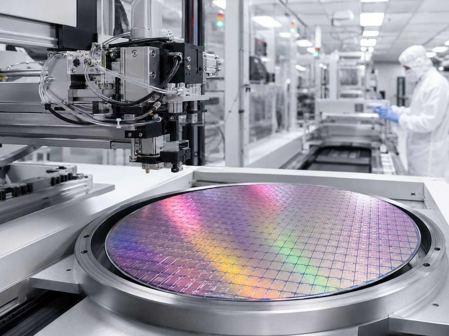 Semiconductor wafers and chip manufacturing equipment in a clean technology facility.