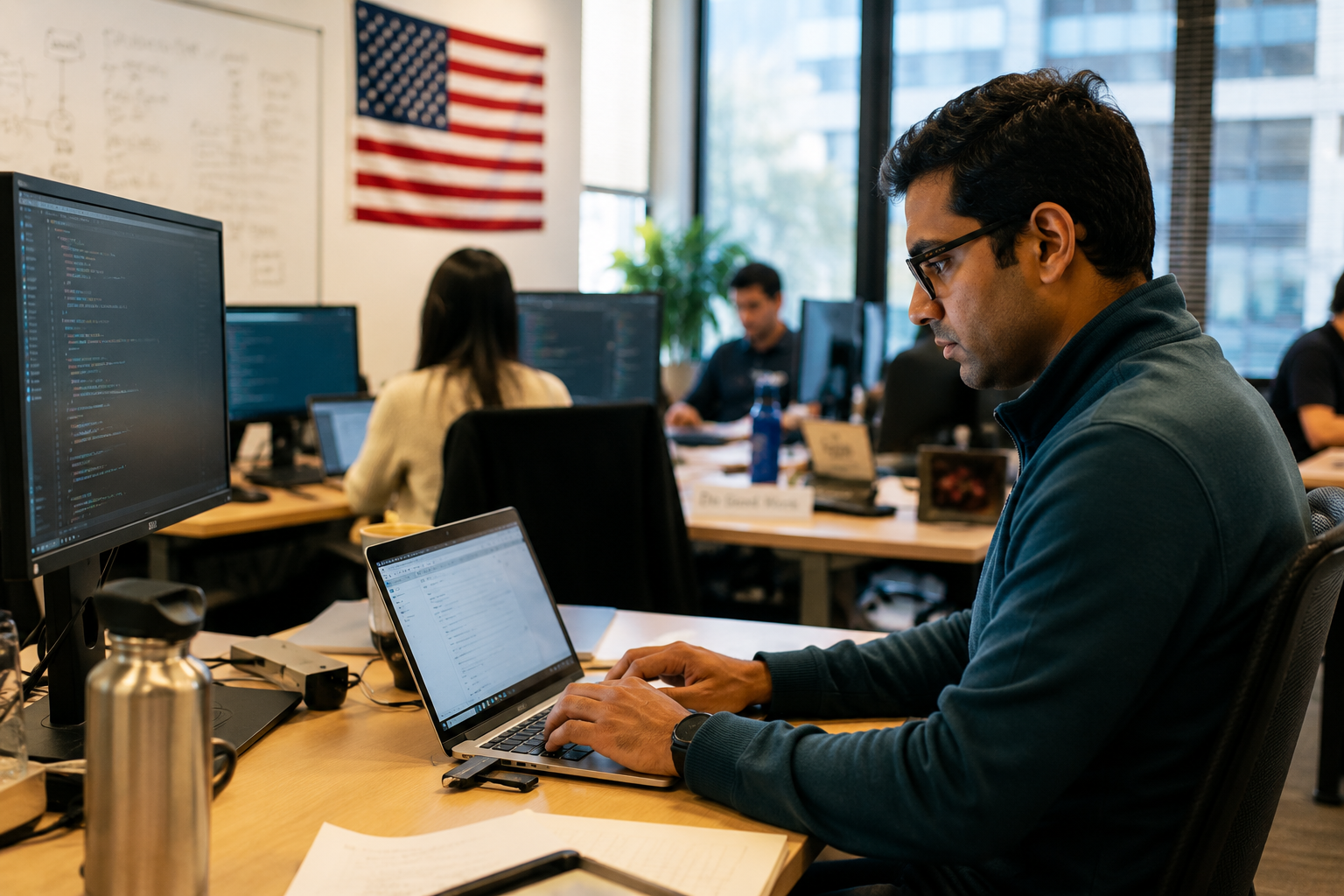 Employment folders and blurred wage tables represent foreign-worker wage rules.