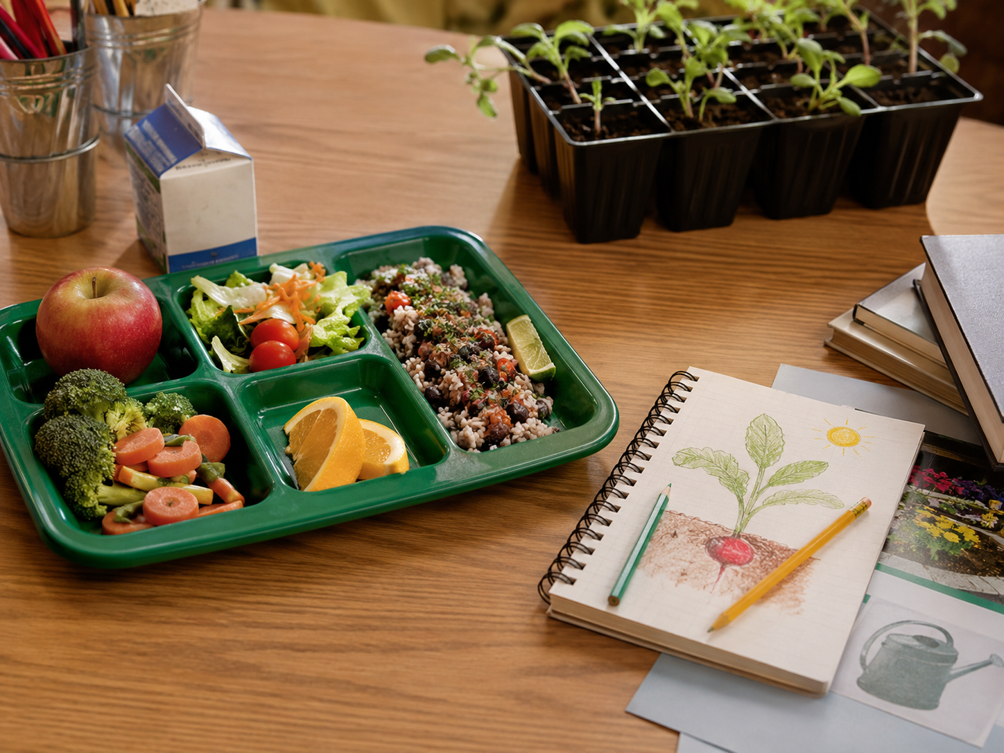 A school meal tray with fresh produce beside a classroom garden notebook.