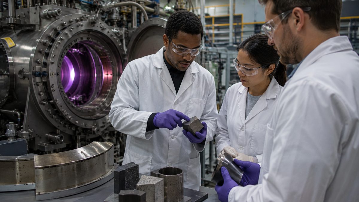 Researchers examine material samples beside a large plasma research chamber in a fusion energy lab.