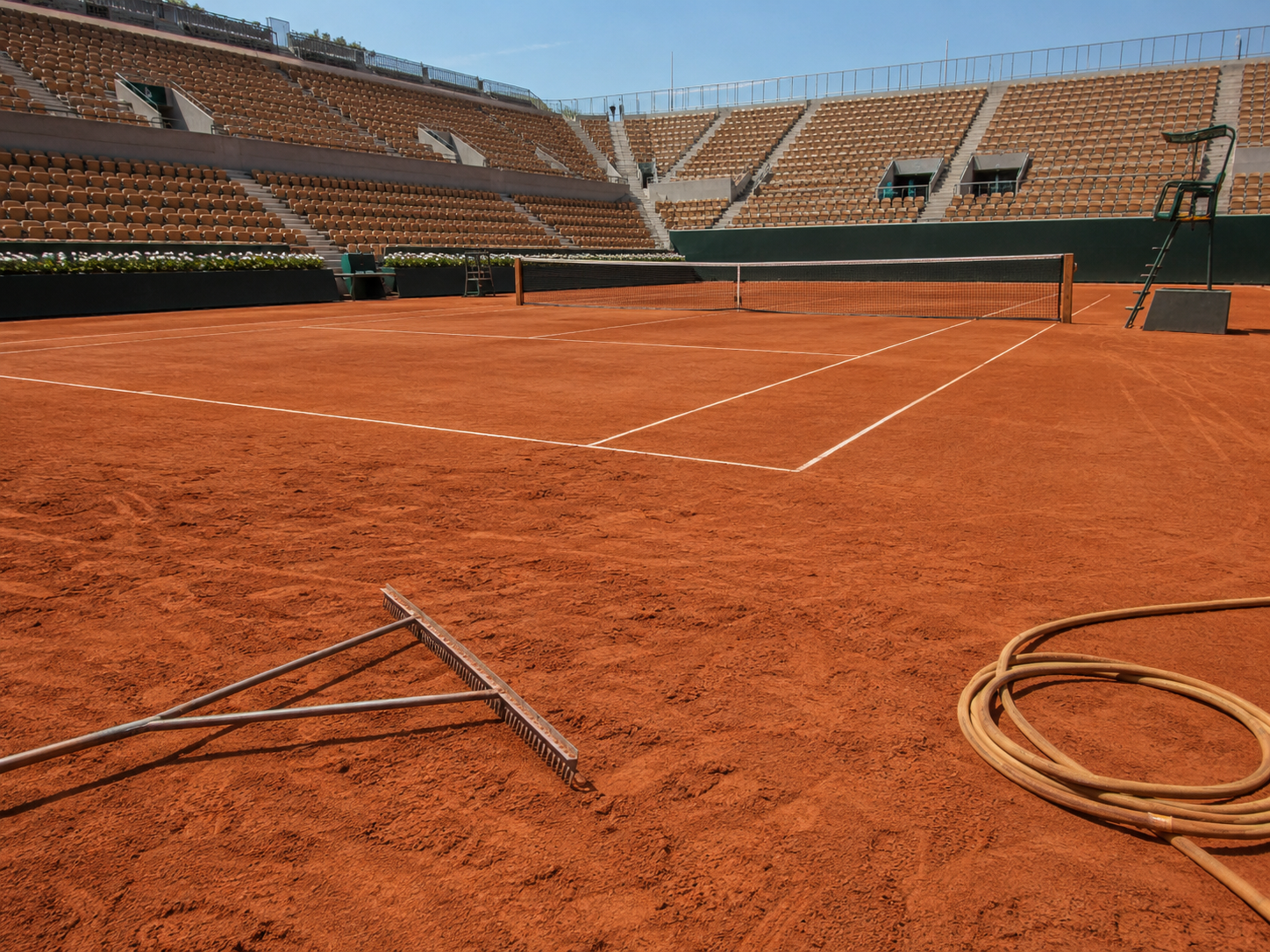 An empty clay tennis court under bright sunlight with court-maintenance tools nearby.