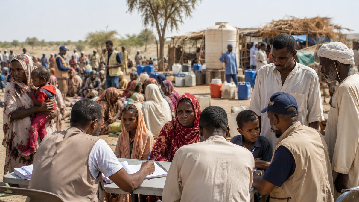 Displaced families and aid workers gather near a community registration table.