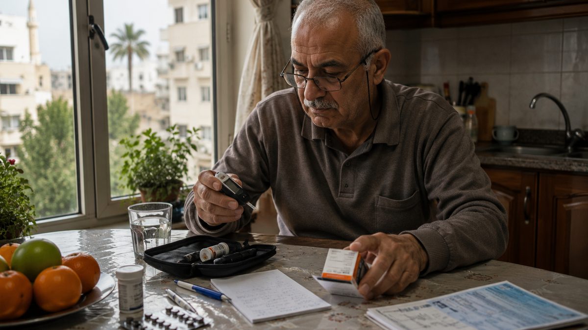 An adult reviews a glucose monitor, medicine box and grocery list at a kitchen table.