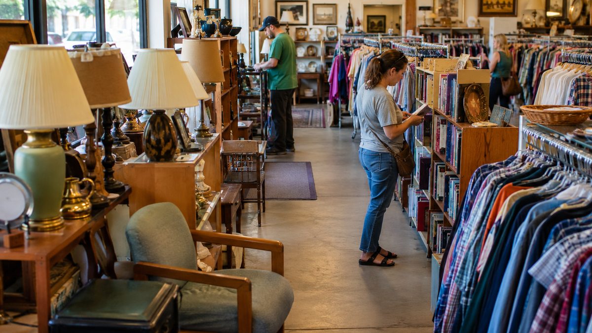 Shoppers browse household items and clothing in a thrift store.