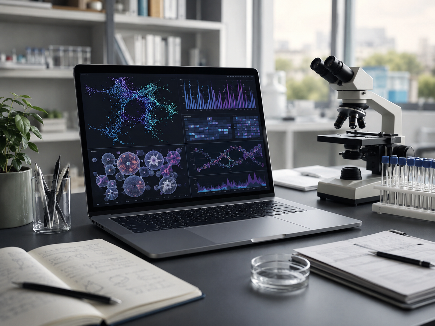 A laptop with biological data visualizations sits beside lab notes and a microscope in a research workspace.