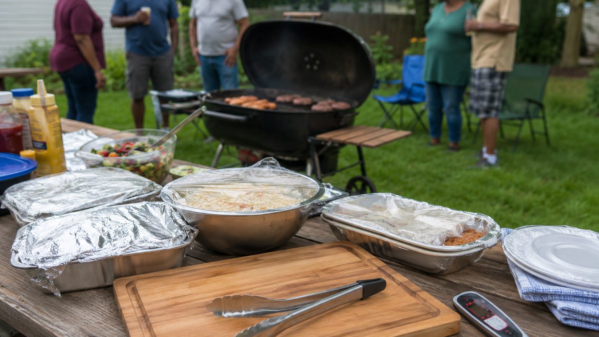 Backyard cookout setup with covered dishes, tongs and a grill in the background.