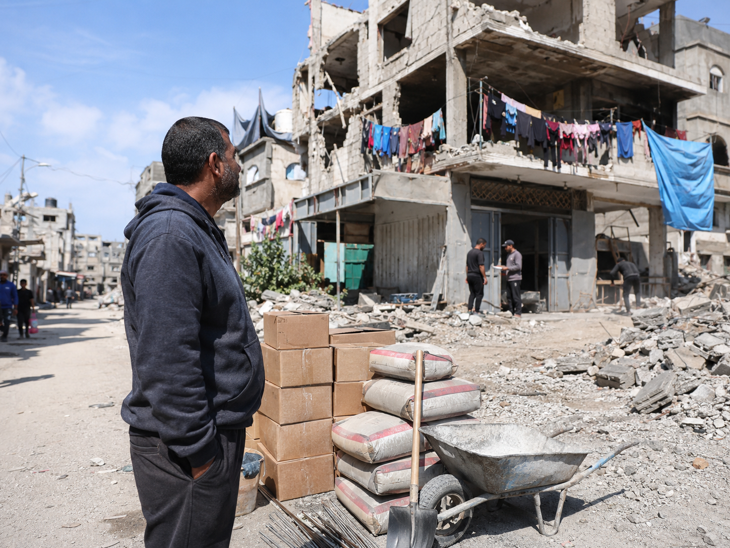 Aid trucks wait near a damaged urban checkpoint as workers review documents.