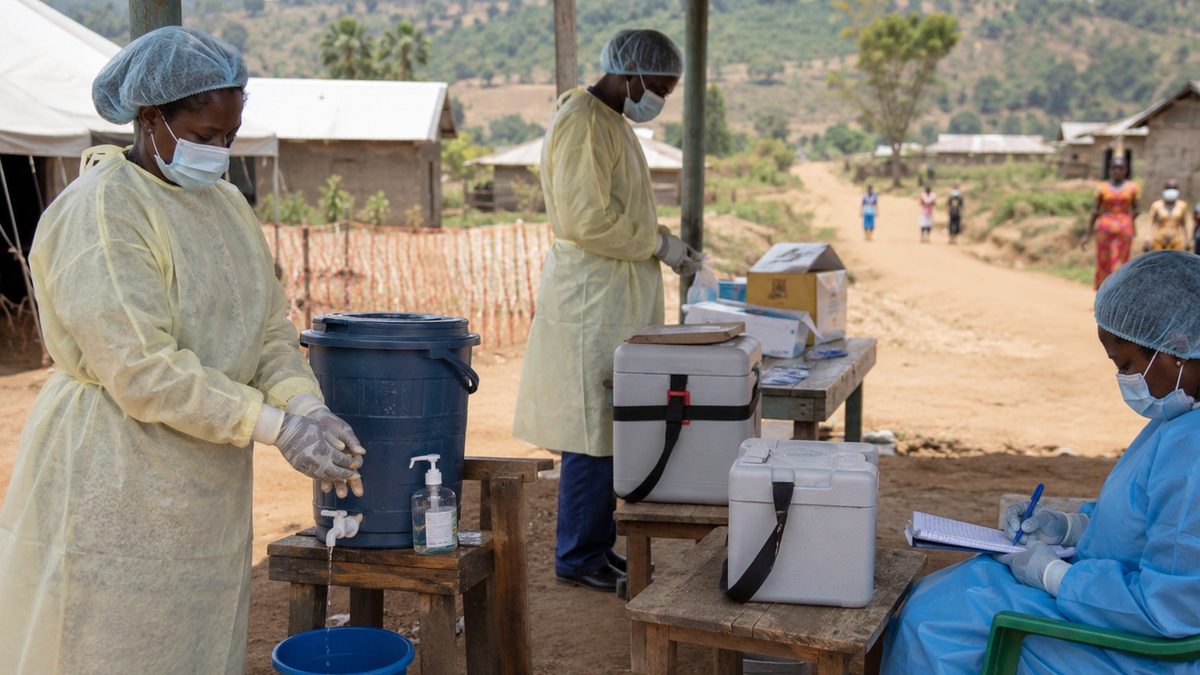 Health workers stand near a rural clinic checkpoint during an outbreak response.